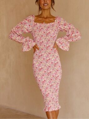 SNDYS Courtney Smocked Square-Neck Midi Dress in Pink Floral Size 4 Revolve